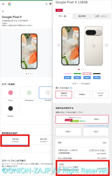 例えばPixel 9 128GBは、Google直販のSIMフリーだと128,900円、ドコモ直販のキャリア版だと148,060円と総額で約2万円の開きがある。